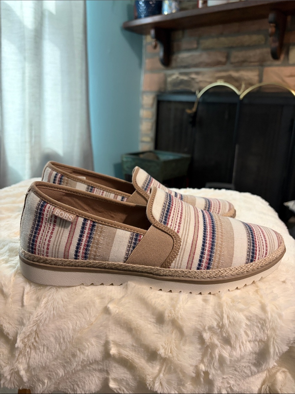 Skechers BOBS Slip-On Flats in Tan, Cream & Navy Stripe